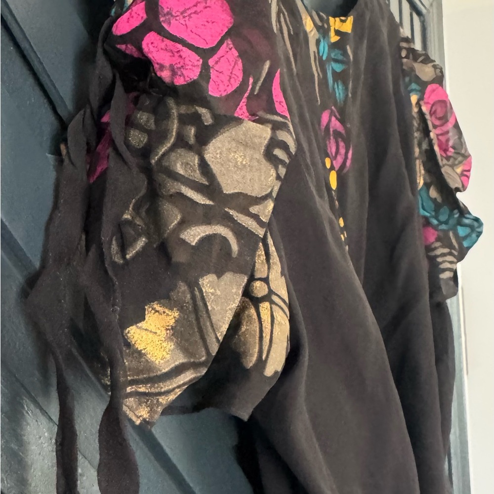Nanette Lepore Black Floral Wrap Top - Pink, Teal, Yellow - Picture 2 of 6